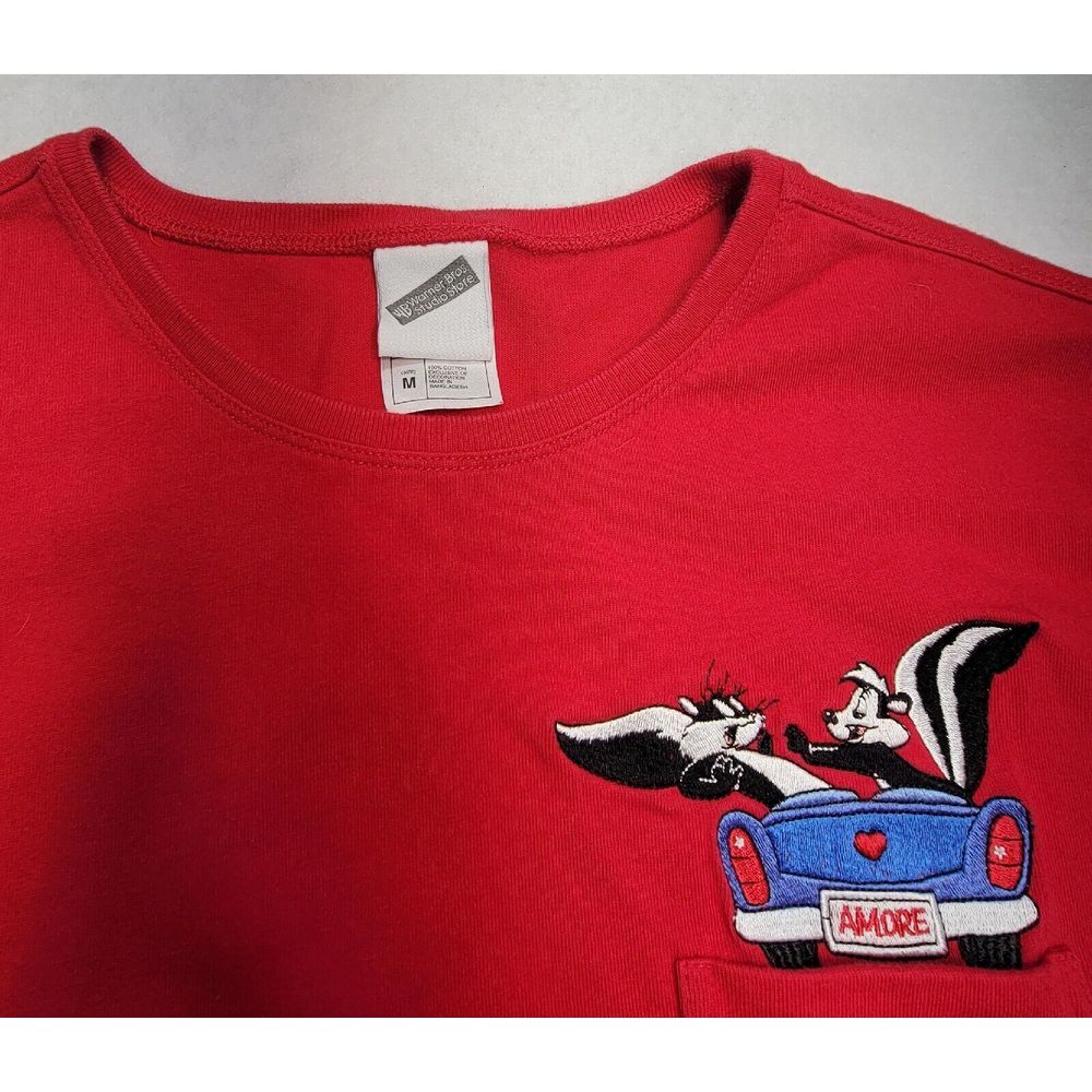 Warner Brothers Tshirt M Vintage 90s Pepé le Pew & Penelope Pussycat Embroidered - Picture 4 of 8